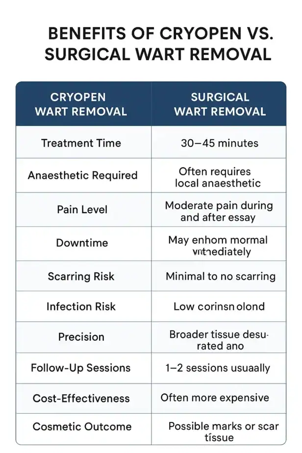 Table showing the benefits of cryopen to remove warts Abingdon-on-Thames compared to surgical treatment